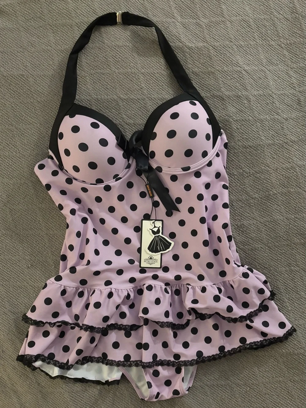 Retro stage Polka Dot Ruffle y2k swimsuit - Lavender & Black - XL